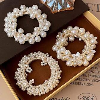 1个/3个装 韩国白色仿珍珠花朵发圈，优雅弹力马尾发圈，适合春夏日常佩戴，发饰，发圈，发绳，发圈，发圈，运动发带