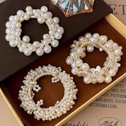 1pc/3pcs Korean White Faux Pearl Flower Hair Scrunchies, Elegant Elastic Ponytail Holders, Suitable For Daily Use In Spring & Summer,Hair Accessories,Hair Elastics,Hair Ties,Hair Rope, Hair Bobbles ,Gym Sport Outfit