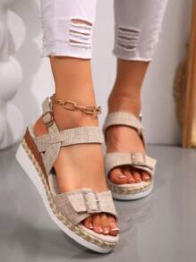 Sandálias femininas plus size com fivela de diamante e decoração de dedo do pé, fundo de corda, sola grossa, estilo praia, férias, bege, sandálias romanas de verão versáteis e confortáveis - Bege - Ver 4