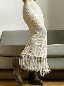 Women's Knitted Hollow Tassel Solid Color Elegant Skirt, Spring/Summer - Beige - View 1