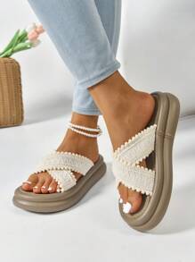 Sandales à orteils ouverts en tricot pour femmes, style féérique, semelle épaisse antidérapante, tongs d'été décontractées pour la plage, tongs plates à brides croisées