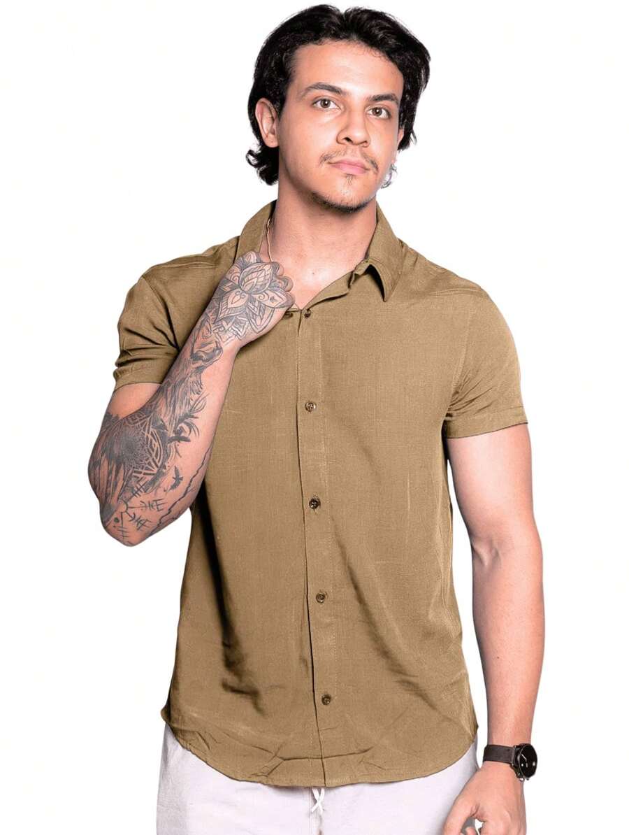 Linen Shirt Short Sleeve Formal Summer Fresh Italian Collar Elegant In Visco-Linen - Apricot - View 1