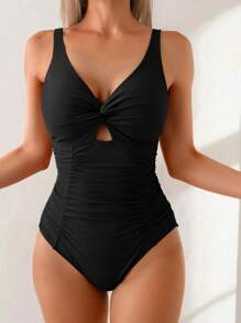 新款时尚女式简约纯色交叉褶饰绑带性感连体泳衣，适合夏季海滩度假 - 黑色 - 查看 3