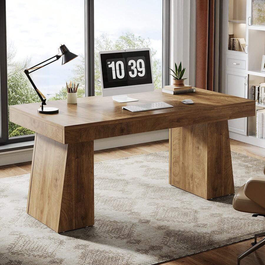 LITTLE TREE 55 Inches Executive Desk, Mid-Century Modern Home Office Desk With Double Trapezoid Base, Wood Computer Desk Business Workstation Desk Small Conference Table, Brown
