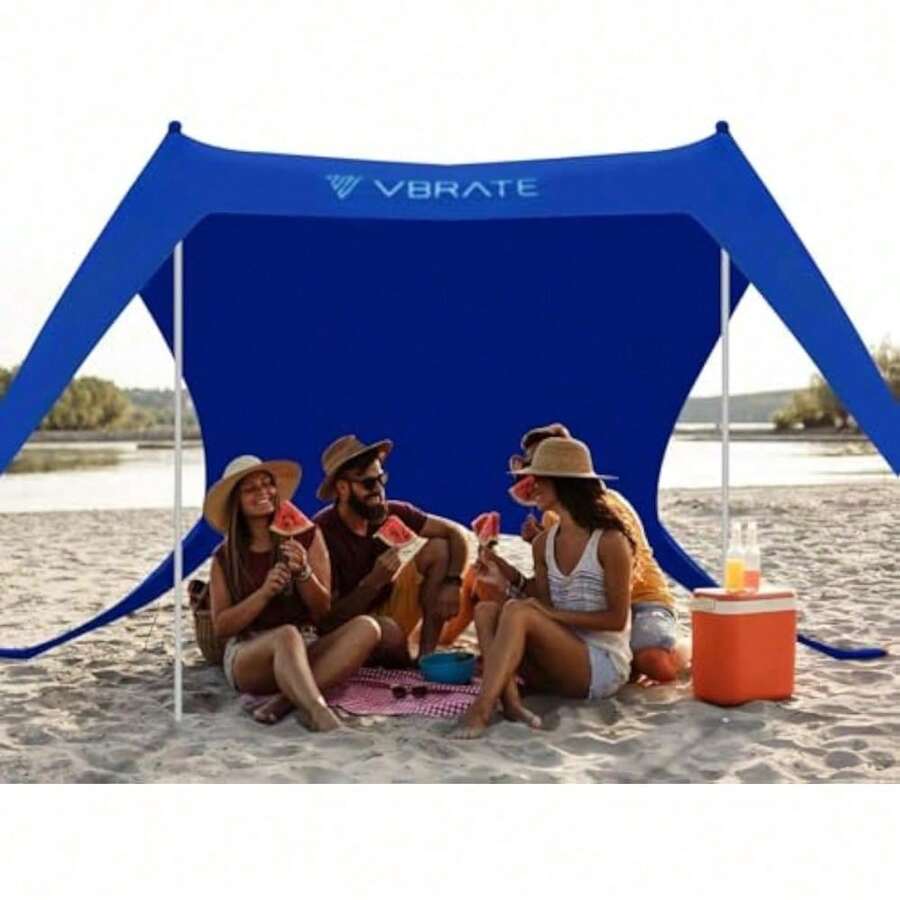 vBrate Carpa de Playa UPF50, Ideal para Playa y Camping. Incluye 2 Postes de Aluminio, Clavijas, Bolsas de Arena y Bolsa de Transporte. - 3x3 Bicolor Azul Marino/Azul Cielo - Ver 1