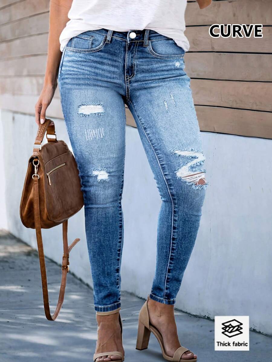 Plus Size Women's Skinny Jeans; Basic, Versatile, Simple, Ripped, Stretchable, Ankle-Length Jeans