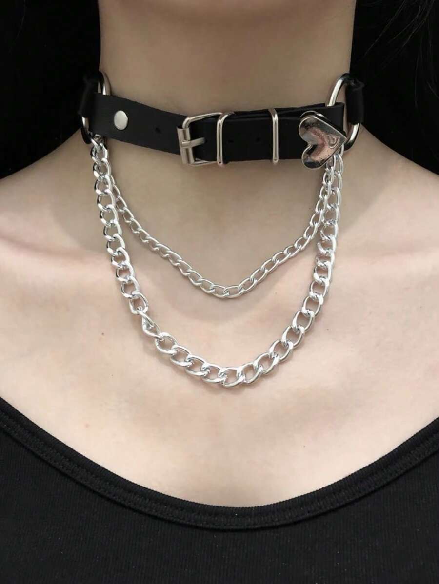 1 件欧美深色哥特式心形锁链颈链，锁骨链，纯色街头时尚 PU 皮革