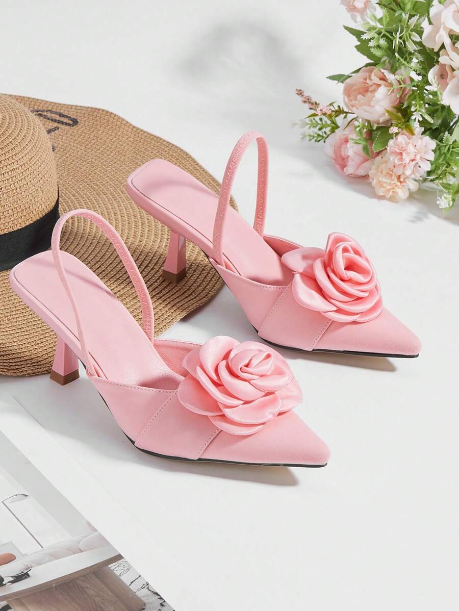 Women's Elegant Floral Decor Pointed Toe High Heel Sandals, Versatile & Unique Design - Pink - View 1