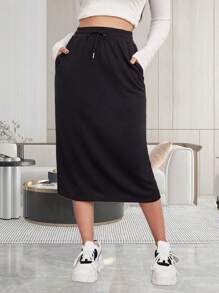 Elastic High Waist Maxi Skirt For Women Drawstring Solid Color Slit Back Skirts - màu đen - Xem 3