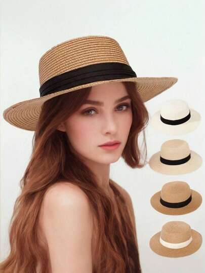 1pc Women Wide Brim Sun Hat, Foldable Packable Straw Boater Hat For Beach, Fits Head Size 56-58cm