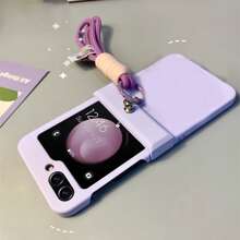 Minimalist Cute Purple Phone Case With Wrist Strap, Compatible With Samsung Galaxy Z Flip 5, Z Flip 6, Shock-Resistant Back Cover, Waterproof, Anti-Fall, Anti-Scratch - Purple - View 8