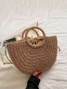 Bolso de playa de media luna de paja y ratán tejido a mano, de gran capacidad, para mujer, de estilo hueco y cruzado, bolso de hombro de verano de paja de media luna, hecho a mano, portátil, de gran capacidad, bolsa de playa, cesta tejida, bolso de asa superior, monedero y bolsas de tela