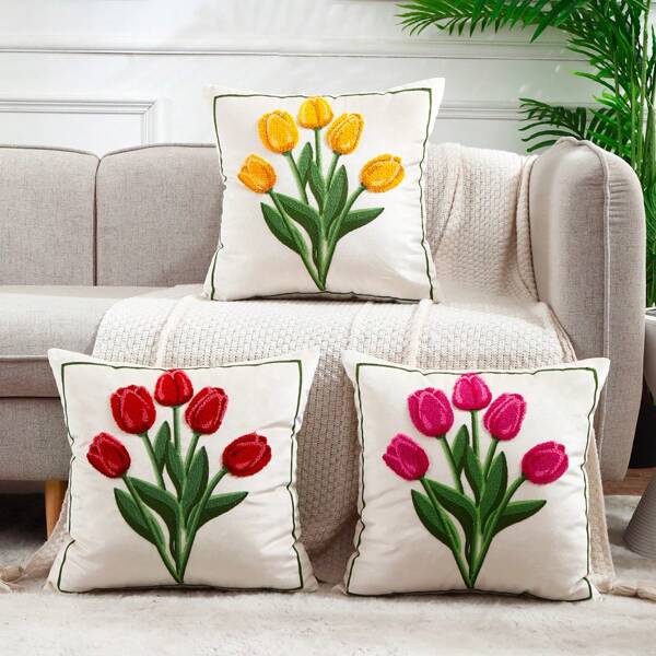 Miater Canvas Embroidery Flowers Pillow Cover