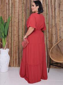 Plus Size Long Dress V Neck Short Sleeve - Tile - View 2