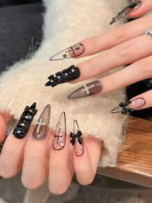 10 件哥特式深色长尖定制手工设计蝴蝶结、金属星星、3D 十字架、各种元素美甲派对、礼物、可重复使用的指甲贴，带果冻凝胶推杆按压指甲美甲用品 - 黑色 - 查看 3