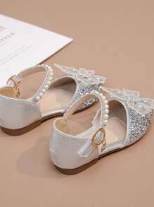 1 双时尚百搭粉色女孩珍珠和水钻蝴蝶结装饰可爱平底凉鞋，圆头，适合日常穿着、跳舞、户外，亮片装饰包头公主鞋，尺码偏小半码，春秋季 - 銀色 - 查看 5