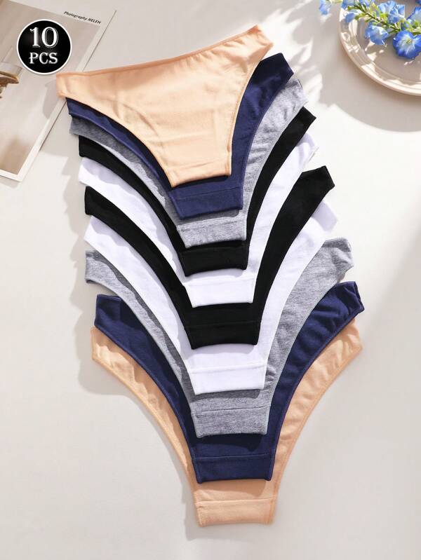 10pcs/Set Women's Solid Color Cotton Low Waist Triangle Briefs, Comfortable Casual Panties