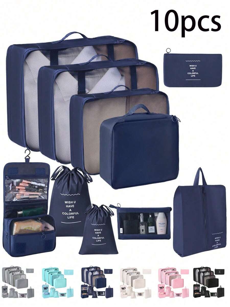 Set de 10 piezas de bolsas organizadoras de viaje, cubos de embalaje impermeables para ropa, bolsas plegables organizadoras para ropa interior, zapatos y calcetines, que incluye: bolsas para prendas, bolsa para brochas de maquillaje, bolsas para zapatos, bolsa de tocador, bolsa de cosméticos, bolso de mano, organizador de cables, bolsa para lencería