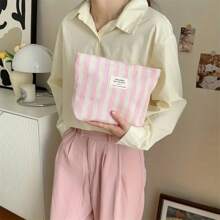 1pc Fresh Striped Cosmetic Bag, Large Capacity Portable Minimalist Women Makeup Pouch Makeup Travel Toiletry Organizer Essentials Gifts Storage Zipper Accessories Nail