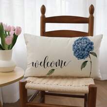 1pc Watercolor Hydrangea Print Decorative Pillow Cover, Spring/Summer Floral Sofa Cushion Cover, Single-Sided Printing, Pillow Insert Not Included - Blue - View 4