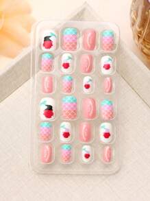 （168 件 7 包）和（24 件 1 包）儿童亚克力假指甲按压式预粘全覆盖闪光可爱春夏草莓、花朵、蝴蝶和其他元素短款儿童粘贴式假指甲套装适合儿童小女孩 - 可爱的春夏花园主题 - 彩色 - 查看 14