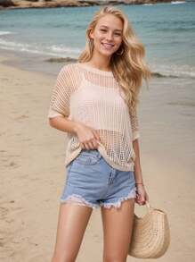 hoteel Womens Scoop Neck Short Sleeve Sweater Casual Crochet Hollow Out Knit Tops Pullover Shirts Beach Coverup - Màu be - Xem 6