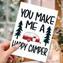 1pc Happy Camper Greeting Card With Envelope – Woodsy Camping Design Featuring Pine Trees & Red Camper, Perfect Gift For Family, Friends, Hikers, And Camping Enthusiasts, Ideal For Any Occasion