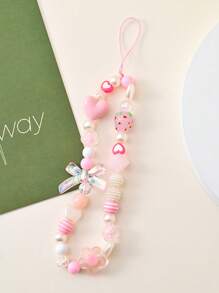 1pc Pink Sweet Butterfly Beaded Phone Lanyard, Short Decorative Cellphone Strap Accessory