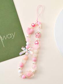 1pc Pink Sweet Butterfly Beaded Phone Lanyard, Short Decorative Cellphone Strap Accessory