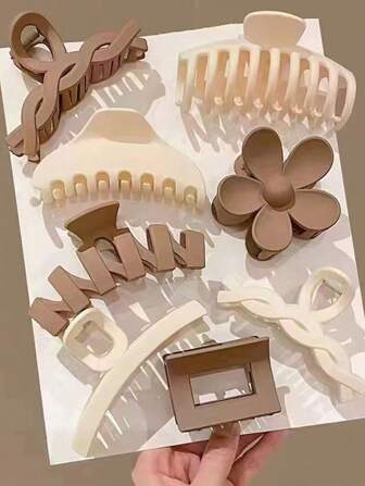 8 PIEZAS de pinzas de garra de moda de alta gama de colores y estilos aleatorios, de estilo simple y elegante, de plástico ligero, de múltiples usos, de unicolor elegante y simple, adecuadas para uso diario, casual, de fiesta, de viaje, de playa, de vacaciones, para peinado, maquillaje a juego, accesorios a juego con la ropa, elegantes pinzas para el cabello