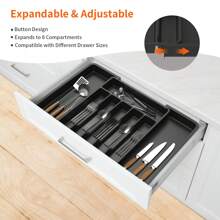 Vandise Cutlery Drawer Organiser, Expandable 6-8 Compartment Cutlery Tray For Kitchen Drawer, Adjustable Utensils And Silverware Holder, Plastic Flatware Spoons Forks Knives Holder Storage Insert, Black Cutlery Tray Plastic Drawer Organiser Expandable From 33 X 38cm To 57 X 38cm, 5cm Depth, Waterproof Utensil And Silverware Holder 6 To 8 Separate Slots For Kitchen, Bedroom, OfficeUtensil Drawer Organiser 6-8 Compartment Expandable Large Cutlery Tray For Kitchen, Adjustable Silverware Flatware Holder, Plastic Kitchen Spatula Tools And Gadgets Storage Divider, Black - Black - View 6