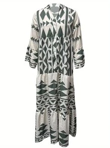 Women Long Dress, Long Sleeve Button-Down Geometric Print Bohe Dress Loose Swing Dress For Casual Daily