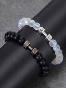 2pcs Dumbbell Bracelet Set Men Matte Black Lave White Beads Charm Dumbbell Strand Bracelets Women Barbell Fitness Jewelry