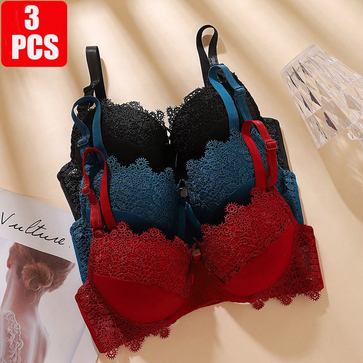 Set de 3 sujetadores con aros de encaje con parches de unicolor y efecto push-up, talla B/C, estilo francés elegante para mujer