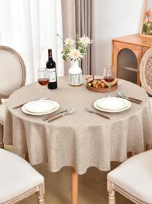 1 pieza Mantel redondo de lino beige, impermeable y a prueba de aceite, adecuado para comedor, restaurante, mesa de café, boda, fiesta de cumpleaños, decoración del hogar - Beis - Ver 1