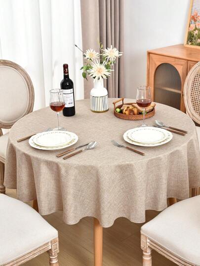 1pc Beige Round Linen Tablecloth, Waterproof Oil-Proof, Suitable For Dining Room, Restaurant, Coffee Table, Wedding, Birthday Party, Home Decor