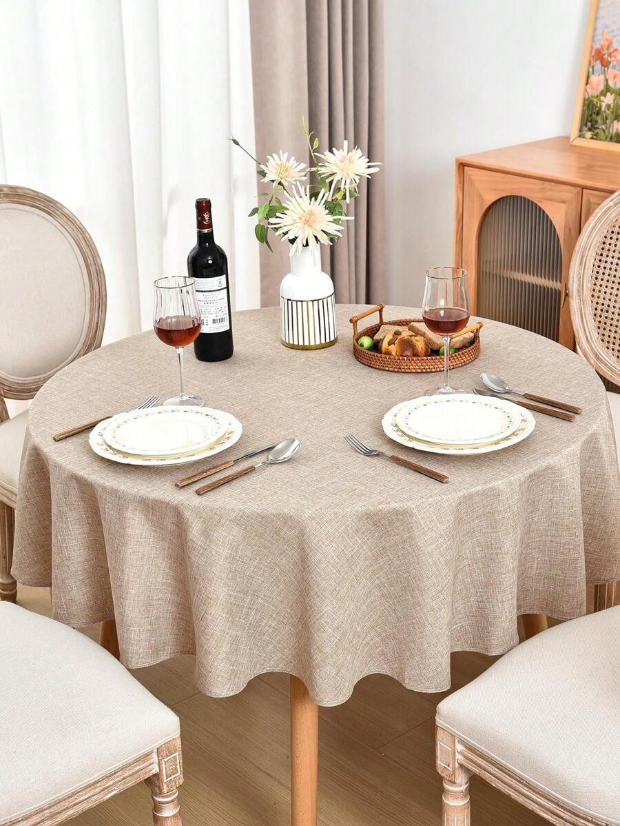 1 pieza Mantel redondo de lino beige, impermeable y a prueba de aceite, adecuado para comedor, restaurante, mesa de café, boda, fiesta de cumpleaños, decoración del hogar - Beis - Ver 1