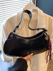 高品质腋下手提包，女士时尚休闲百搭单肩包，纯色新月形工作包 - 黑色 - 查看 5