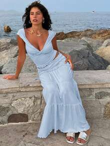 V 领扭纹前背心和荷叶边下摆半身裙两件套，波西米亚风，春夏 - 淺藍色 - 查看 3