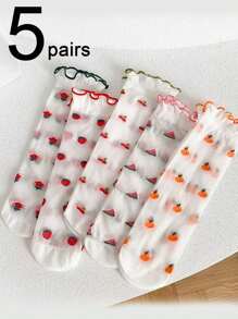 5 Pairs Soft & Comfortable Casual Urban Girls' Mid-Calf Socks, Summer - Multicolor - View 2