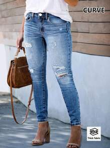 Plus Size Women's Skinny Jeans; Basic, Versatile, Simple, Ripped, Stretchable, Ankle-Length Jeans