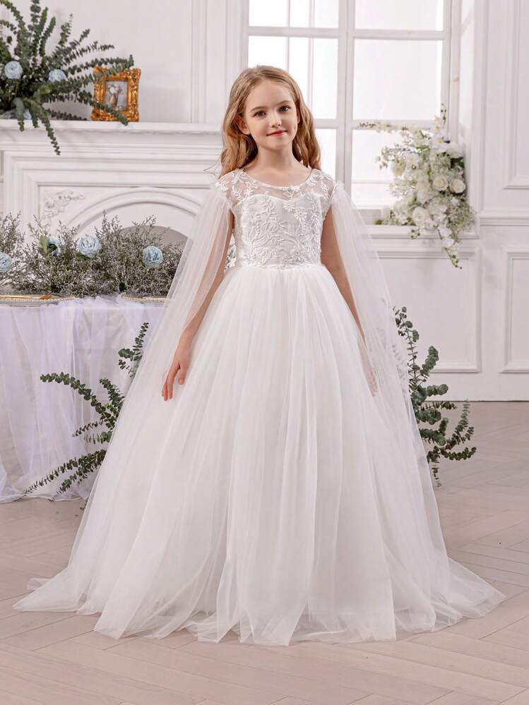 Vestido elegante de princesa blanco con tul, perlas y encaje para niña preadolescente, adecuado para vestidos de niña, fiesta de cumpleaños, baile de graduación, ocasión formal, celebración festiva, niña de las flores, dama de honor - Blanco - Añade 7