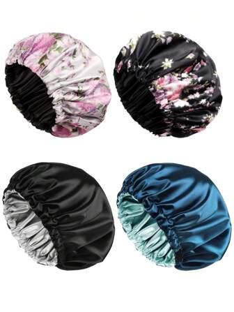 1pc Women's Multi-Color Patchwork Polyester Knit Stretchy Double-Layered Sleep Cap, Hair Care Cap Suitable For All Seasons