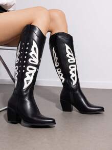 Women's Western Cowboy Boots Chunky Heel Pointed Toe Knee High Fashion Pull-On Cowgirl Boots With Zipper - màu đen - Xem 3