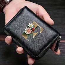 PU皮革字母印花风琴拉链卡包 女士男士钱包卡包零钱包信用卡夹 男士钱包，男士礼物 - 黑色 - 查看 25