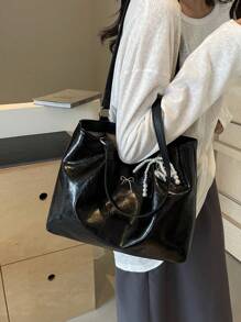 1pc Women's Crackle PU Leather Large Capacity Tote Bag With Chain Strap, Suitable For Girls, Ladies, College Students, Career Starters And Office Workers, Great For Work, Business, Commuting, School