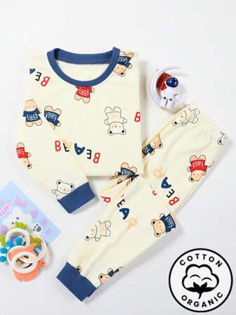 2 件套，幼儿男童春秋季纯棉卡通熊长袖上衣和长裤睡衣，适合休闲和户外穿着