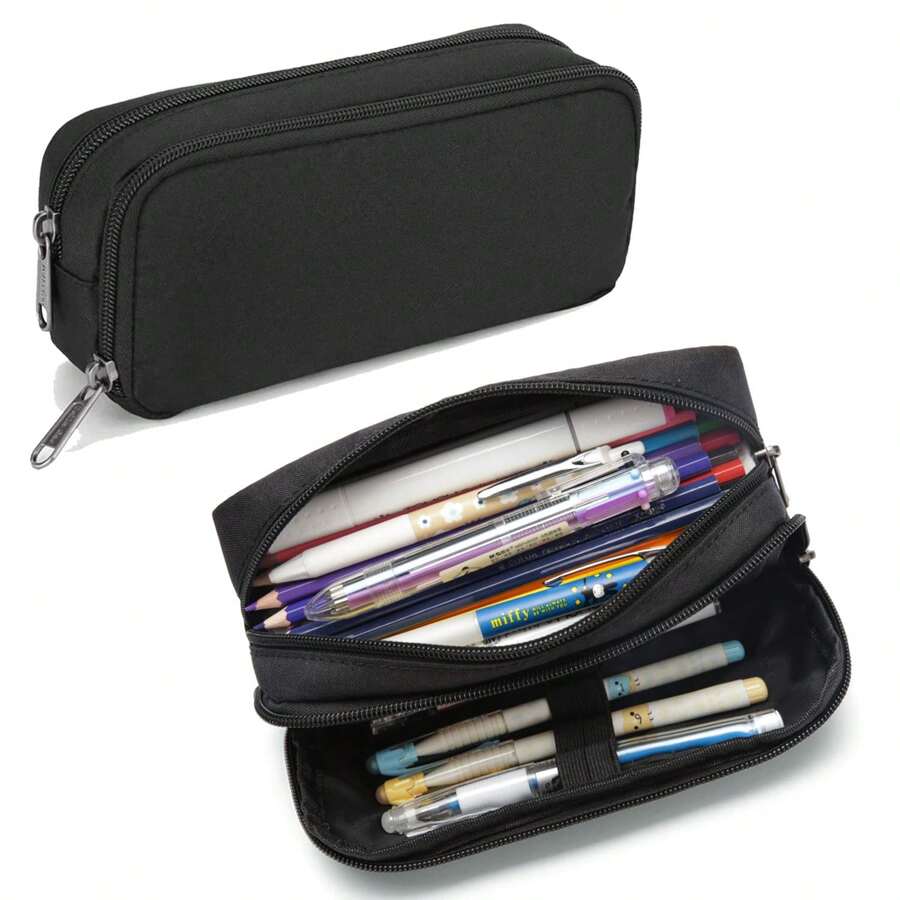1pc Large Capacity Pencil Case, Simple Solid Color Multi-Function Dual Layer Stationery Box, Student Essential