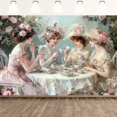 1 件优雅维多利亚茶会背景 - 婚礼活动背景布女士戴花帽