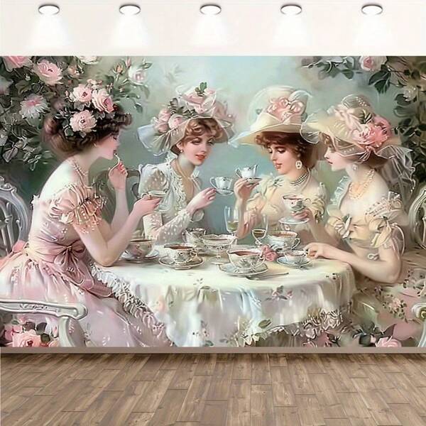 1 pieza Elegante Fondo de Fiesta de Té de Victoria - Tela de Fondo para Evento de Boda, Dama con Sombrero de Flores